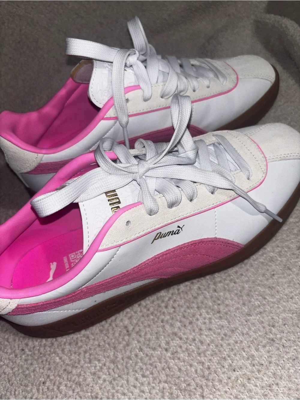Puma White and Pink Low-Top Athletic Sneakers with Brown Gum Sole
